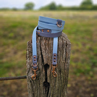 TrinketyPaws™ | BioThane® wasserdichte zweifarbige Trainings Leine® | HANDSFREE | Pastel Blue & Grey mit rosegoldenen Beschlägen