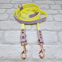 TrinketyPaws™ | BioThane® wasserdichte zweifarbige Trainings Leine® | HANDSFREE | Sherbet Lemon & Lilac mit rosegoldenen Beschlägen