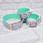 TrinketyPaws™ | BioThane® wasserdichtes zweifarbiges SIGHTHOUND Halsband® | Seafoam & Pastel Blue mit rosegoldenen Beschlägen