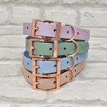 TrinketyPaws™ | BioThane® wasserdichtes einfarbiges Halsband® | Powder Pearl / Lilac / Pastel Blue / Sage mit rosegoldenen Beschlägen