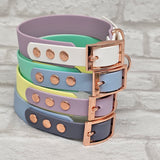 TrinketyPaws™ | BioThane® wasserdichtes zweifarbiges Halsband® | Sherbet Lemon & Lilac mit rosegoldenen Beschlägen