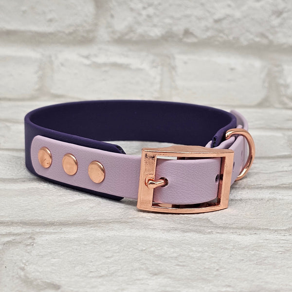TrinketyPaws™ | BioThane® wasserdichtes zweifarbiges Halsband® | Acid Purple & Lilac mit rosegoldenen Beschlägen