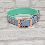 TrinketyPaws™ | BioThane® wasserdichtes zweifarbiges Halsband® | Seafoam & Pastel Blue mit rosegoldenen Beschlägen