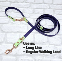 TrinketyPaws™ | BioThane® wasserdichte zweifarbige Trainings Leine® | HANDSFREE | Lilac & Baby Pink mit rosegoldenen Beschlägen