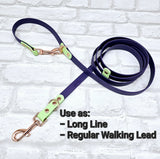 TrinketyPaws™ | BioThane® wasserdichte zweifarbige Trainings Leine® | HANDSFREE | Lilac & Baby Pink mit rosegoldenen Beschlägen